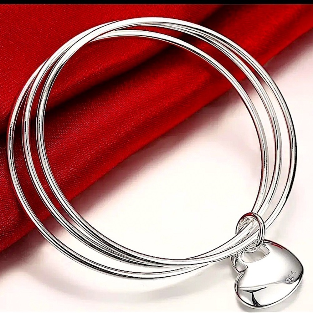 Sterling Silver Stackable Minimalist Heart Charm Three Piece Bangle Brac…